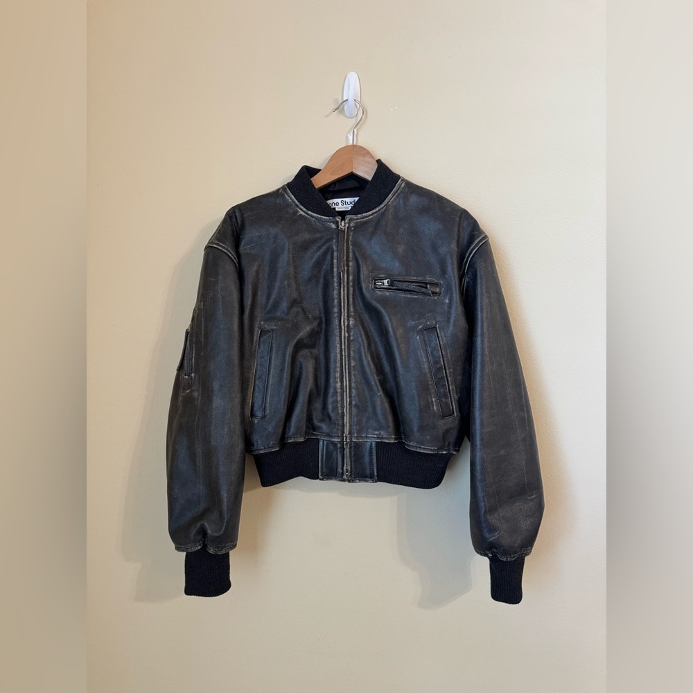 Acne Studios Cropped Leather Bomber Jacket Black Size 36 Small